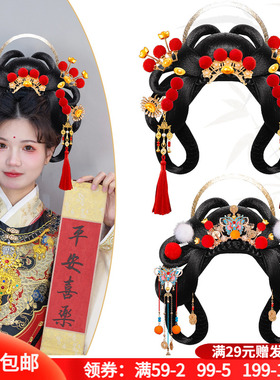 古风汉服新年COS小财神假发头饰组合红色喜庆发饰发髻套装搭配女