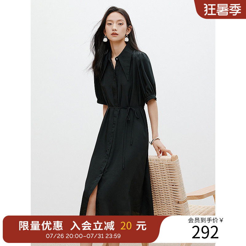 衣香丽影中长裙V领连衣裙2026夏季韩版气质减龄短袖衬衫式小黑裙