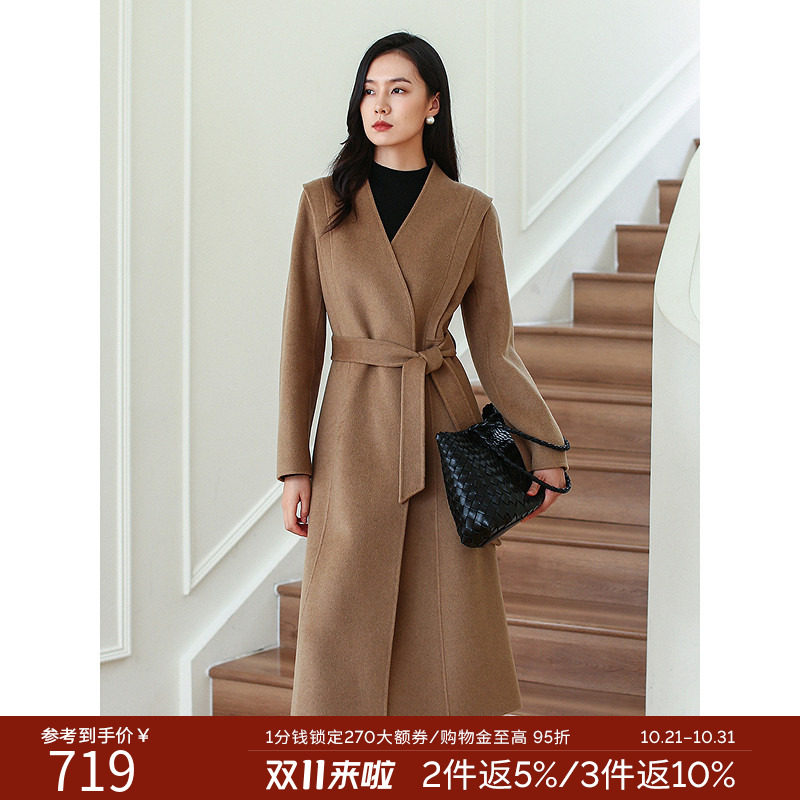 衣香丽影高级感气质V领双面呢大衣2026年冬装搭配腰带毛呢外套