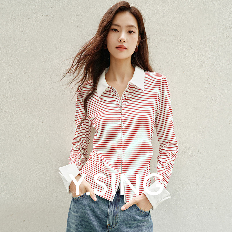 衣香丽影红色条纹衬衫领T恤女2026秋装新款双拉链莱赛尔收腰上衣