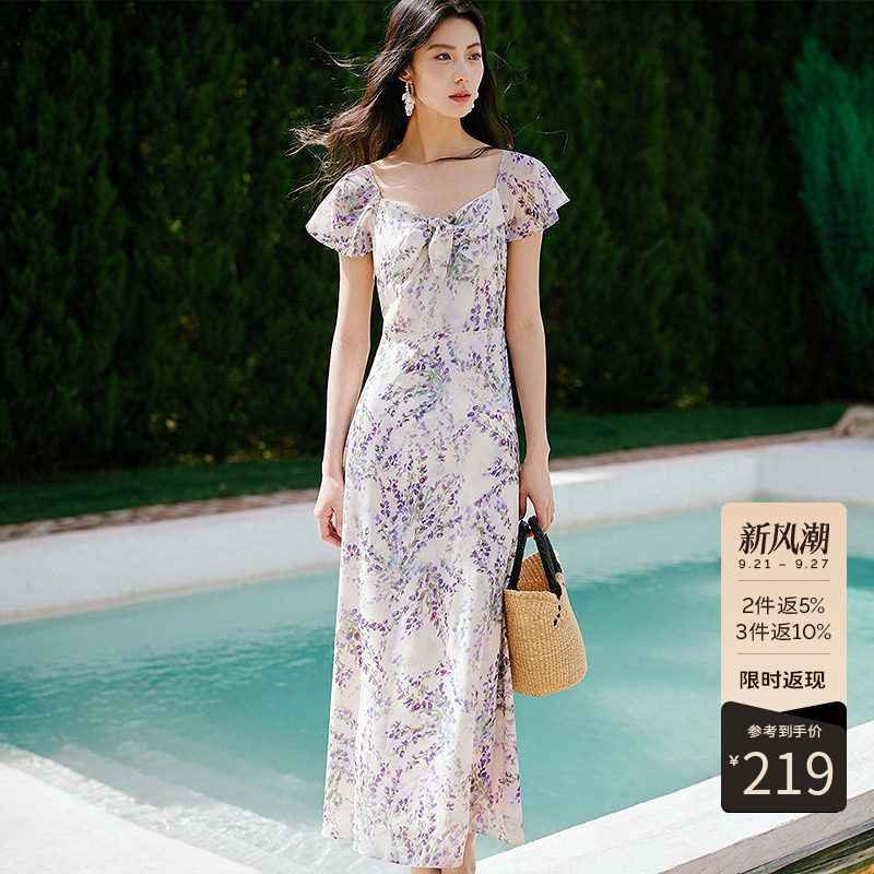 衣香丽影碎花雪纺连衣裙女夏装度假风法式漂亮掐腰裙子
