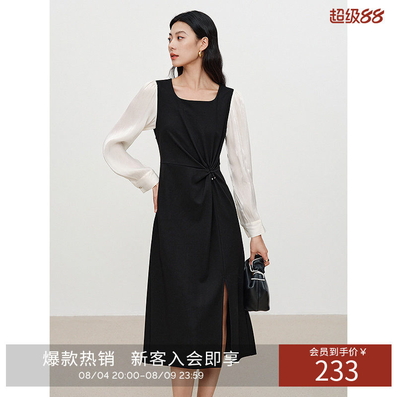 衣香丽影2026年秋装新款柔软弹力黑色针织面料连衣裙