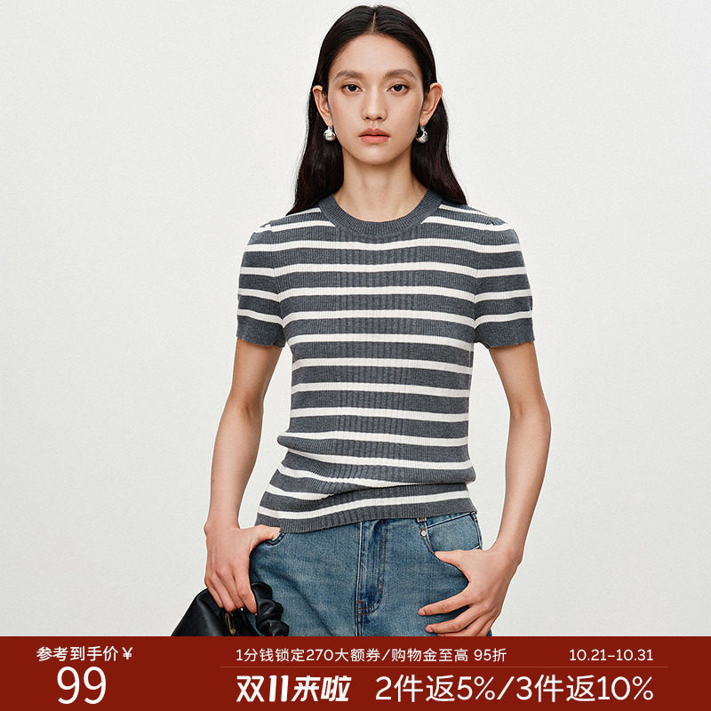 衣香丽影灰色立体坑条纹针织衫女2026年秋装新款修身显瘦短袖上衣