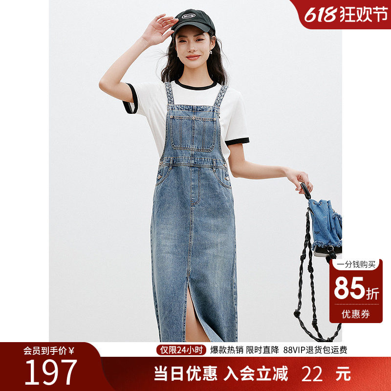 衣香丽影纯棉牛仔背带裙女夏复古水洗设计背带连衣裙