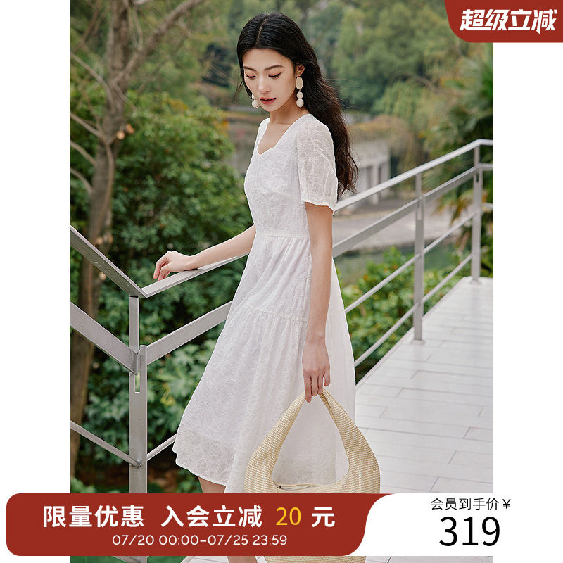 衣香丽影【100%盐缩棉】方领连衣裙女夏装法式裙子