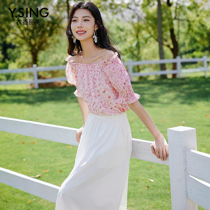 衣香丽影一字领碎花雪纺衫女夏装重工打揽上衣