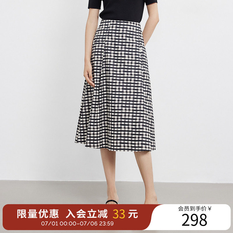 衣香丽影全棉黑白格子半身裙女2026年夏装新款中长裙子150433302