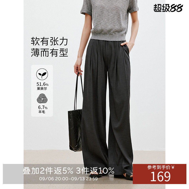 衣香丽影灰色阔腿裤休闲裤女2026春装新款宽松垂感天丝羊毛直筒裤