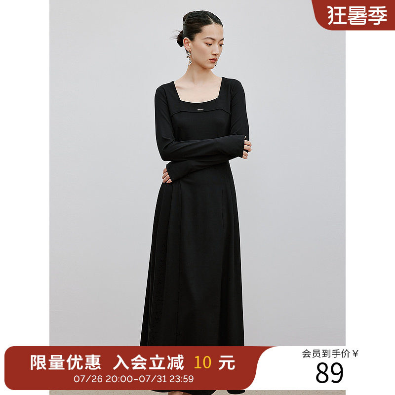 衣香丽影方领连衣裙女春秋装韩系氛围感气质小黑裙子