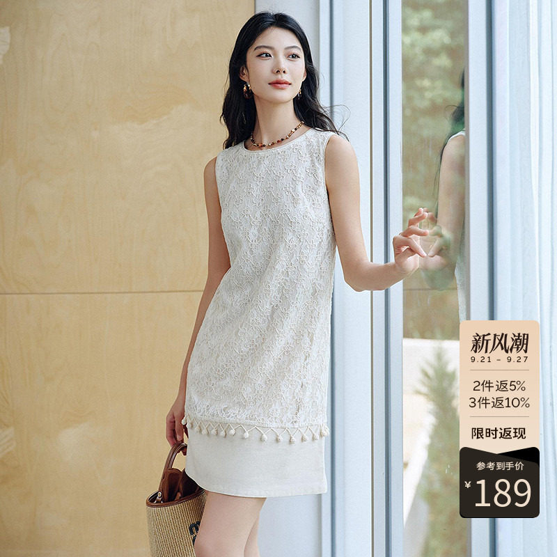 衣香丽影白色蕾丝拼接无袖连衣裙女2026年夏装新款小香风亚麻裙子
