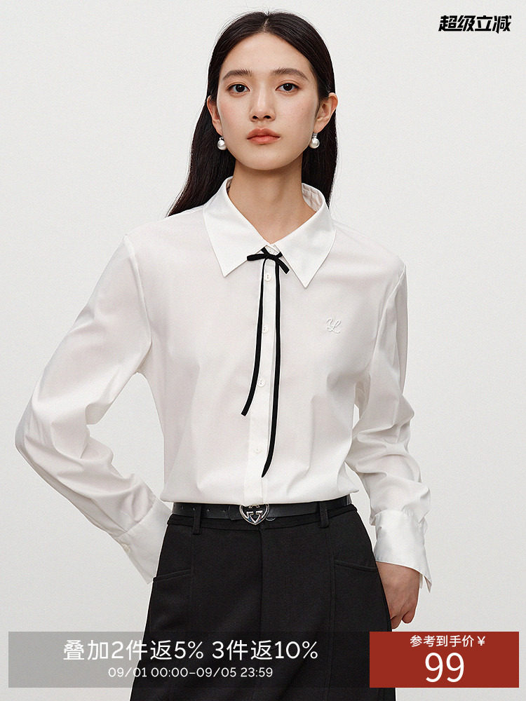 衣香丽影白色绣花衬衫女士2026年秋装新款可拆卸领结法式小资上衣