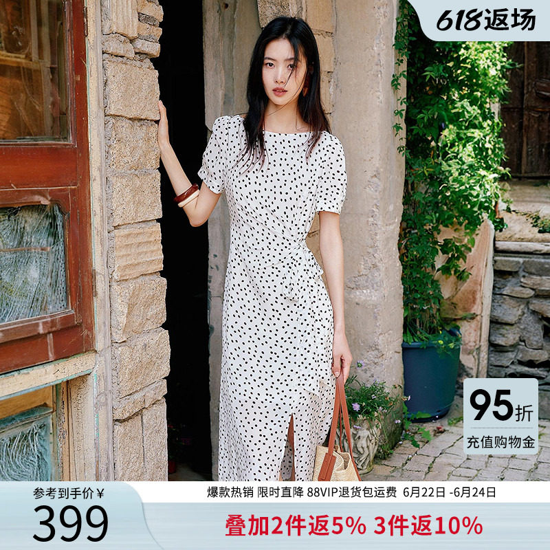衣香丽影白色波点系带连衣裙女2026夏装新款法式小资中长直筒裙子