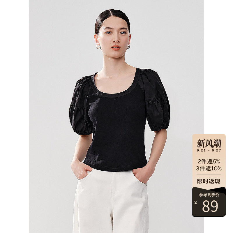 【清仓特惠】拼接短袖T恤女2026年夏季泡泡袖别致短款上衣