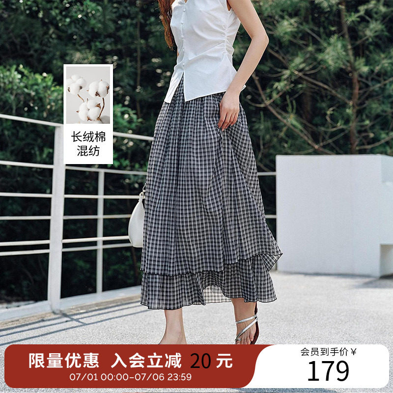 衣香丽影皱感黑白格子半身裙女夏装复古文艺风蛋糕裙子