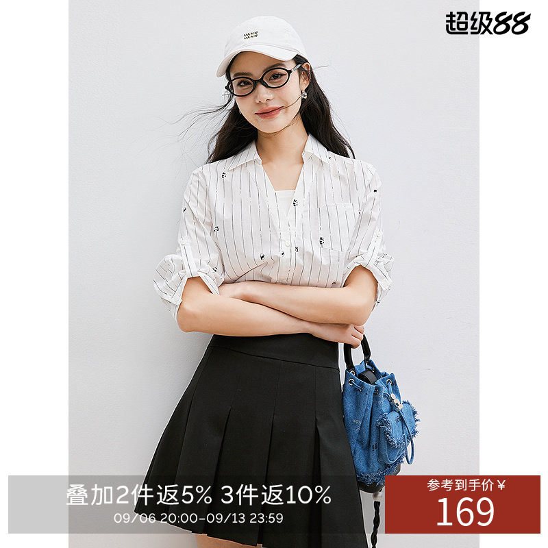 衣香丽影纯棉熊猫图案衬衫女2026年夏套头宽松慵懒百搭衬衣