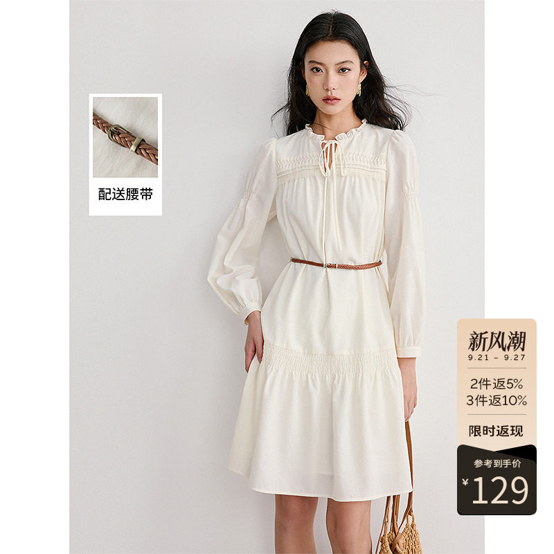衣香丽影白色木耳边连衣裙女2026秋装新款小个子流行法式中长裙子