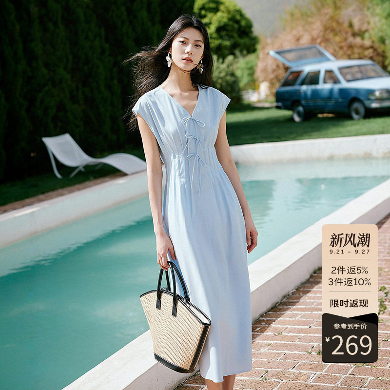 衣香丽影莫代尔压褶收腰连衣裙女夏遮肉显瘦法式茶歇长款无袖裙子