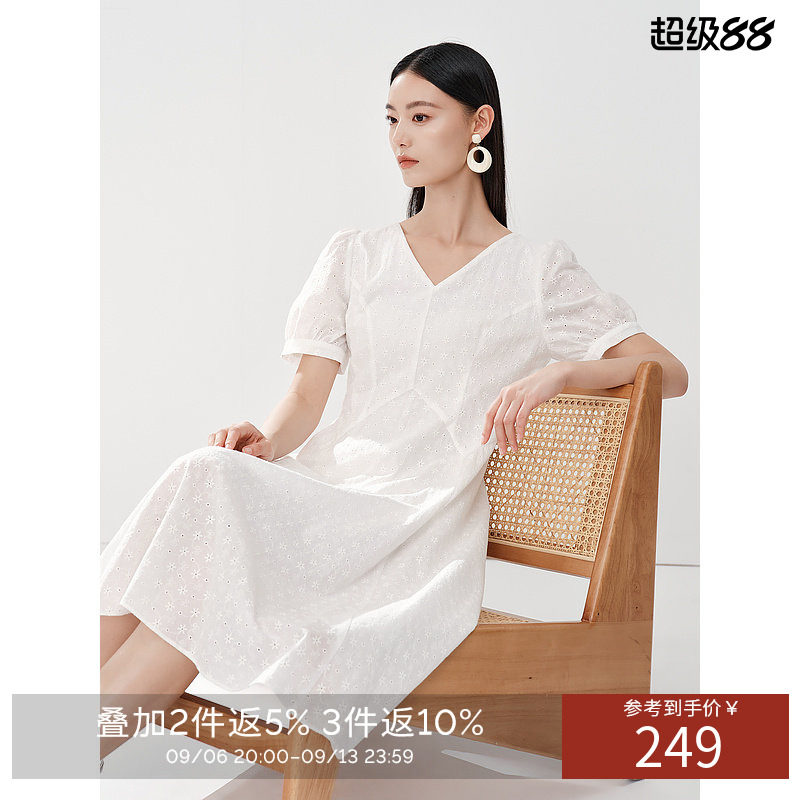 衣香丽影棉布绣花连衣裙女夏款文艺风泡泡袖小洋裙