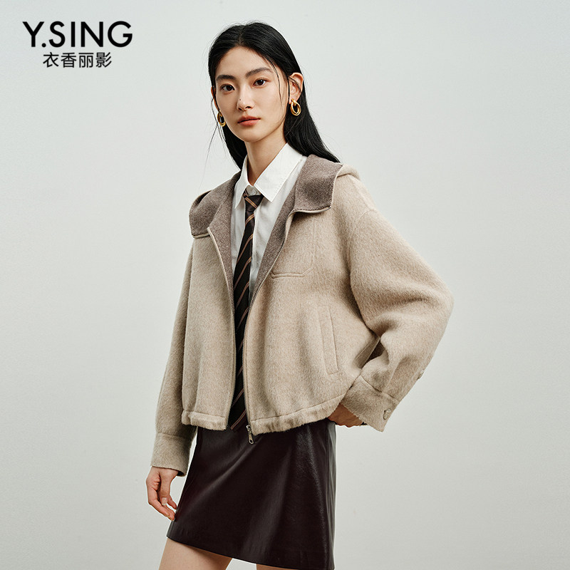 衣香丽影骆驼绒小个子连帽大衣女2026冬季新款双面呢短款毛呢外套