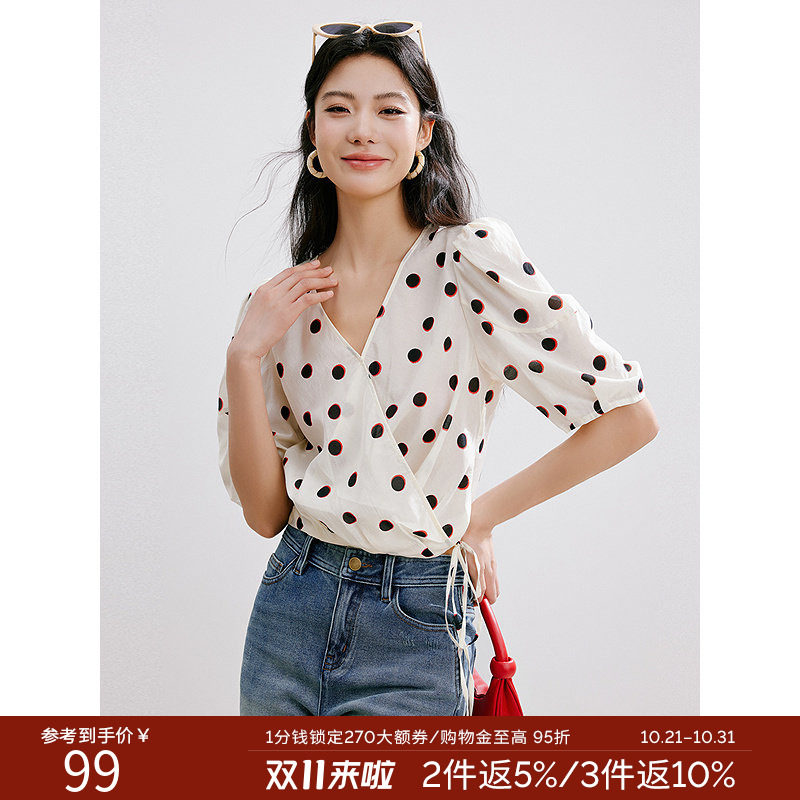 衣香丽影夏V领复古波点印花雪纺衬衫泡泡袖衬衣