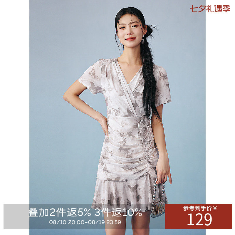 衣香丽影泡泡袖碎花连衣裙夏可调节抽褶设计减龄裙子