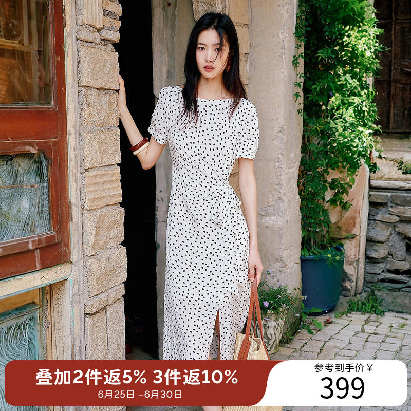 衣香丽影白色波点系带连衣裙女2026夏装新款法式小资中长直筒裙子