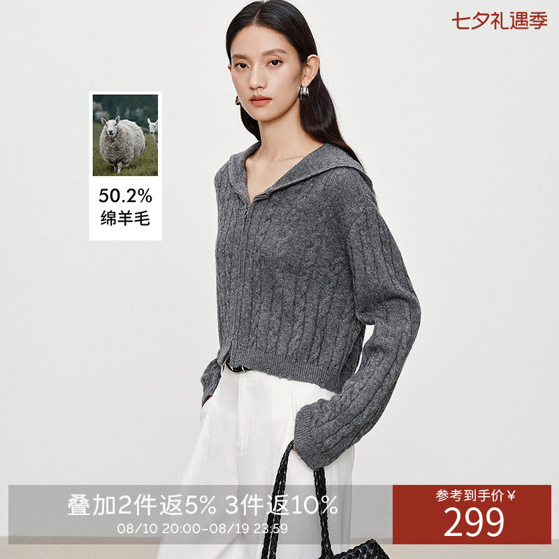 衣香丽影灰色连帽拉链针织开衫女2026秋装新款宽松软糯不规则上衣