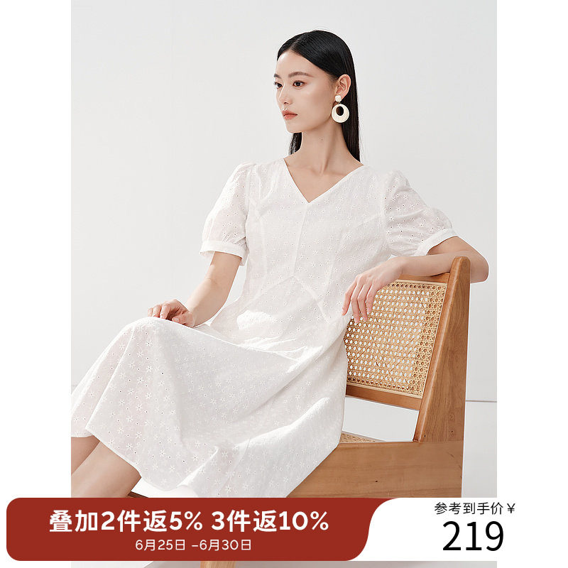 【断码福利】衣香丽影棉布绣花连衣裙女夏款文艺风泡泡袖小洋裙