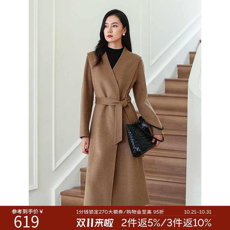 衣香丽影高级感气质V领双面呢大衣2026年冬装搭配腰带毛呢外套