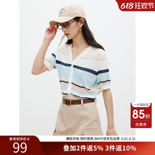 衣香丽影【断码福利】夏款慵懒休闲修身短款撞色条纹针织衫