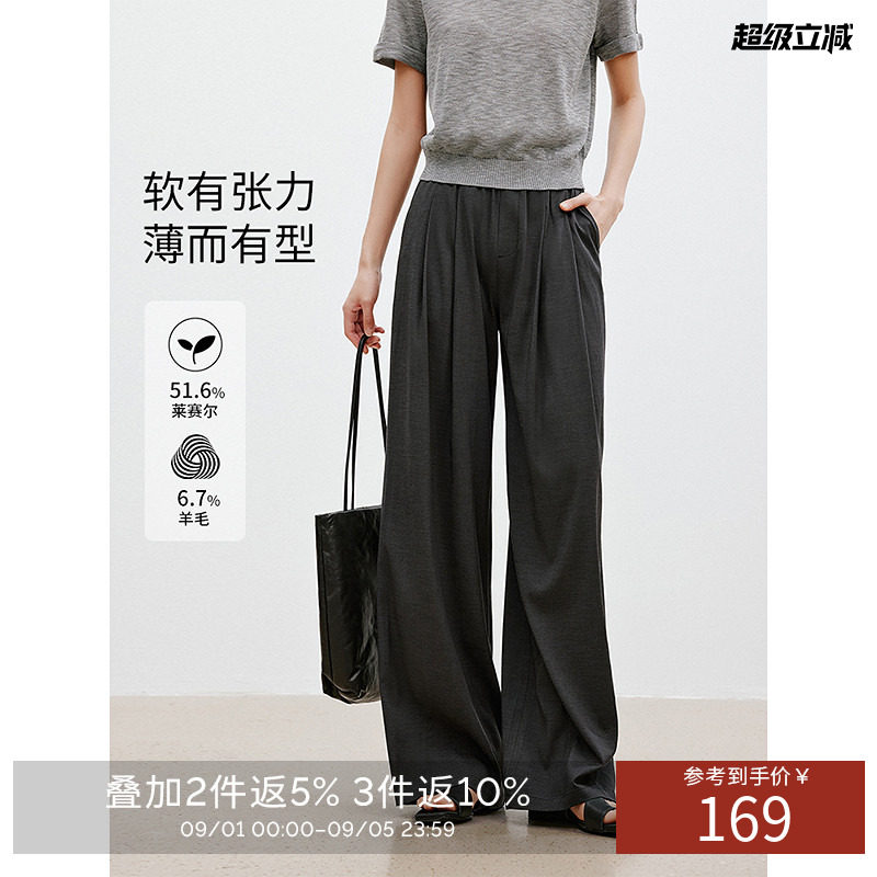 衣香丽影灰色阔腿裤休闲裤女2026春装新款宽松垂感天丝羊毛直筒裤
