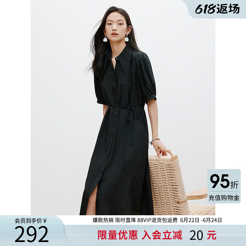 衣香丽影中长裙V领连衣裙2026夏季韩版气质减龄短袖衬衫式小黑裙