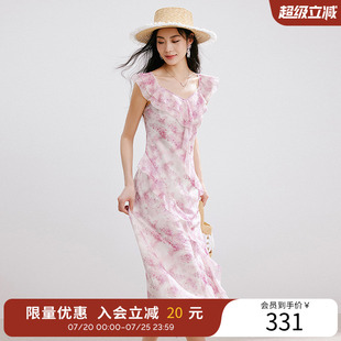 衣香丽影碎花连衣裙女夏装优雅荷叶边顺纡绉雪纺裙子
