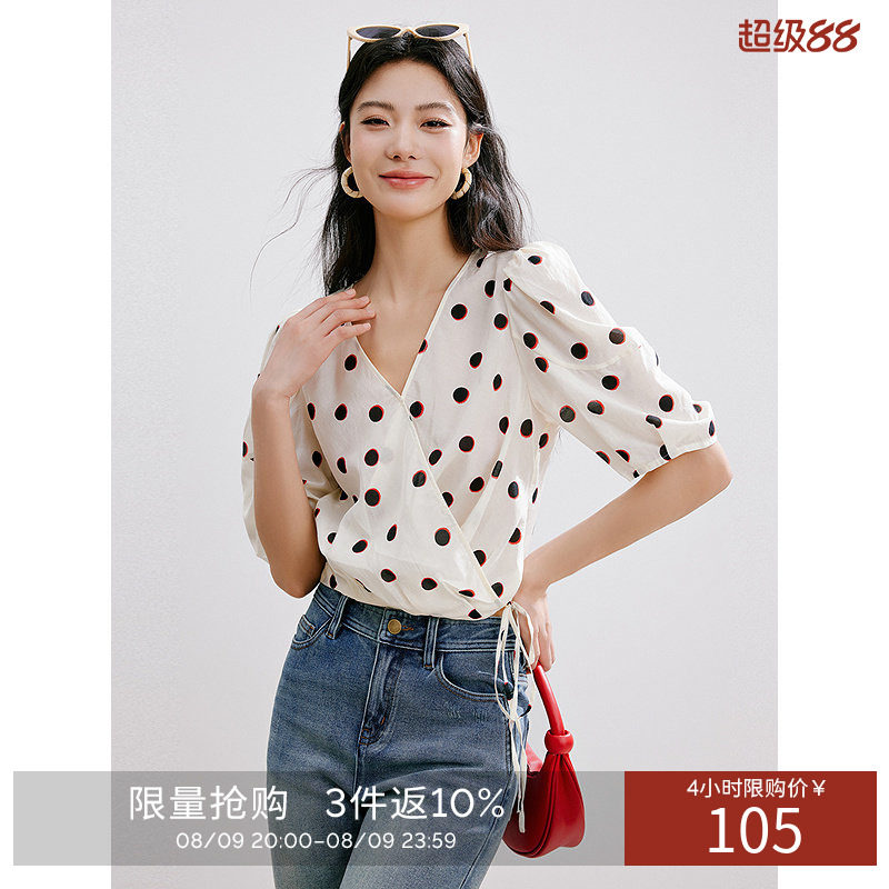 衣香丽影夏V领复古波点印花雪纺衬衫泡泡袖衬衣