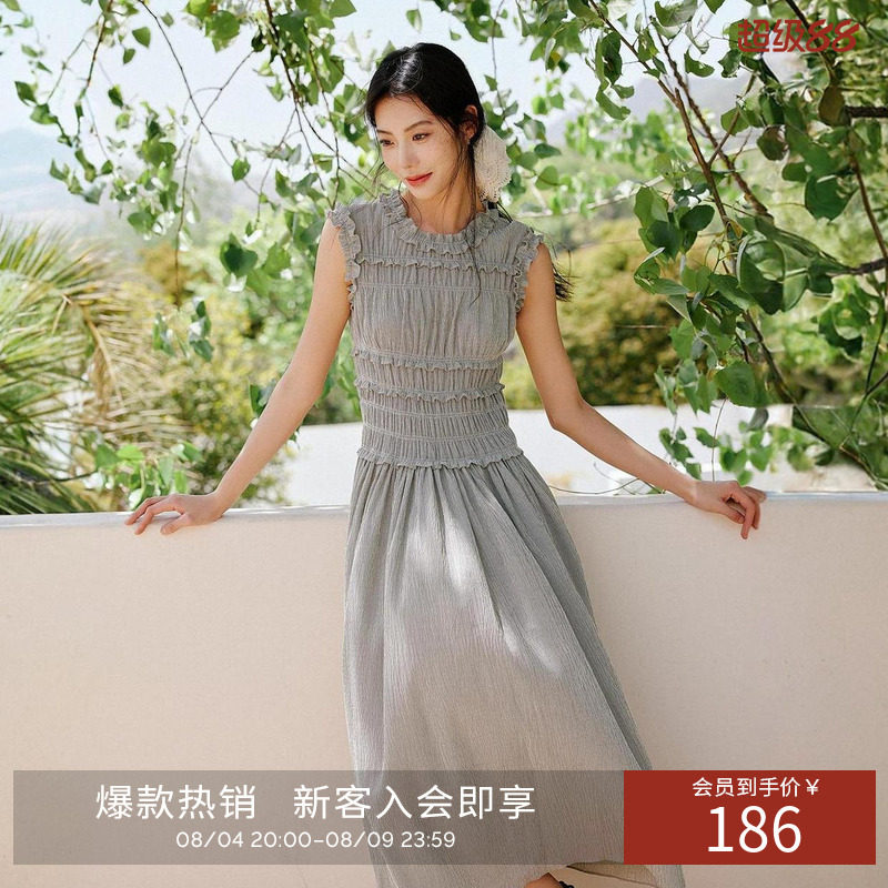 衣香丽影重工打揽无袖连衣裙女夏装法式木耳边裙子