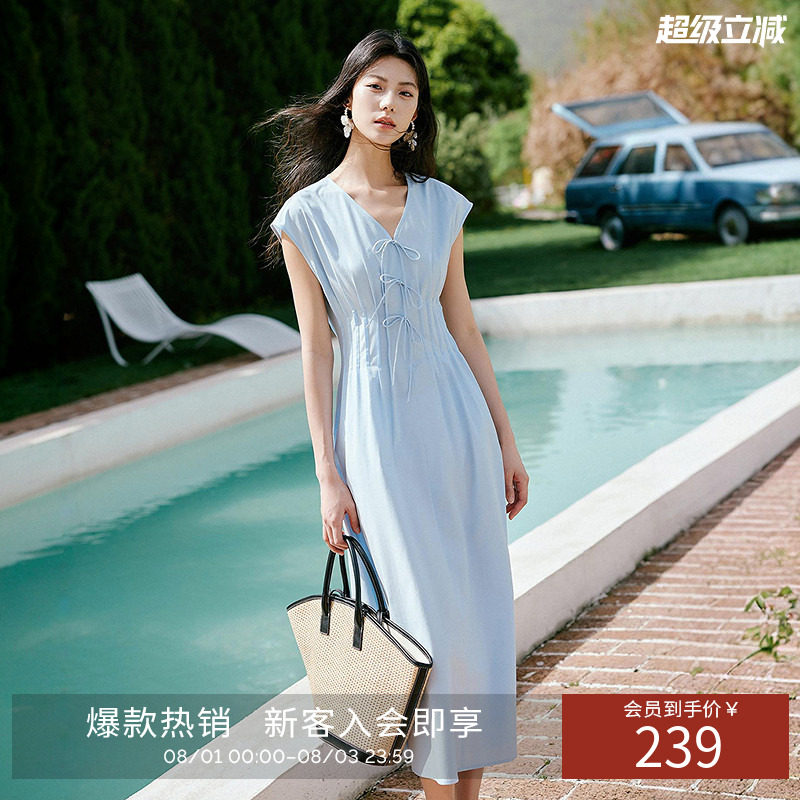 衣香丽影莫代尔压褶收腰连衣裙女夏遮肉显瘦法式茶歇长款无袖裙子