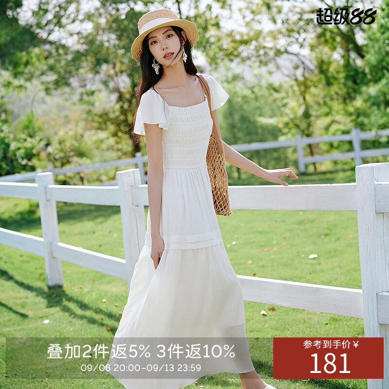 衣香丽影方领连衣裙女夏装收腰显瘦流行法式茶歇裙子