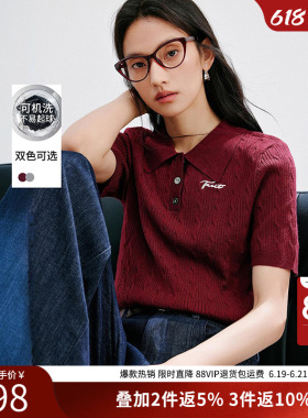 衣香丽影红色短袖针织衫女2026年春新款可机洗丝绒休闲polo领上衣