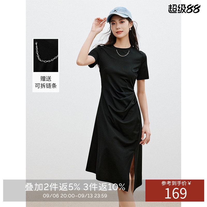 衣香丽影设计感不对称黑色连衣裙女2026年春季新款抽褶开叉小黑裙