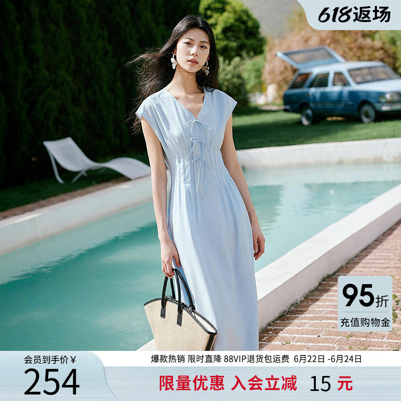 衣香丽影莫代尔压褶收腰连衣裙女夏遮肉显瘦法式茶歇长款无袖裙子