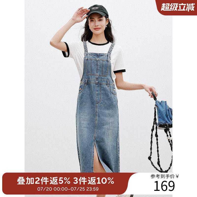 衣香丽影纯棉牛仔背带裙女夏复古水洗设计背带连衣裙