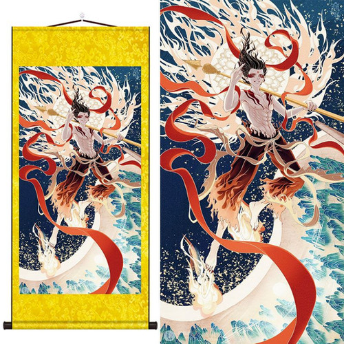 哪吒三太子神像挂画哪吒中坛元帅护法画像客厅玄关装饰卷轴画