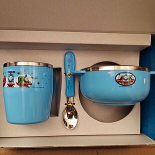 宝宝不锈钢碗带把喝水杯卡通托马斯火车头 幼儿园男孩学习筷套装