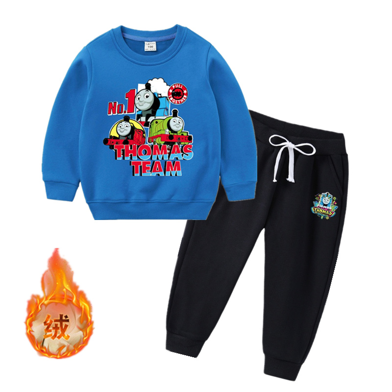 秋冬季男孩托马斯童装卡通加绒火车头长袖衣服长裤火车头加厚裤子