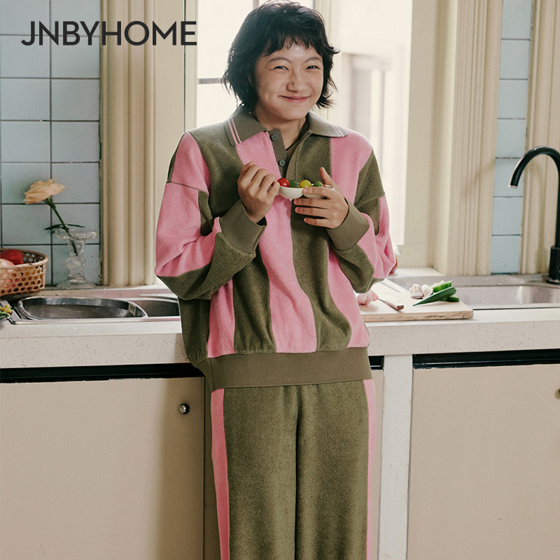 JNBYHOME江南布衣冬舒适撞色条纹睡衣男女情侣套装毛巾料家居