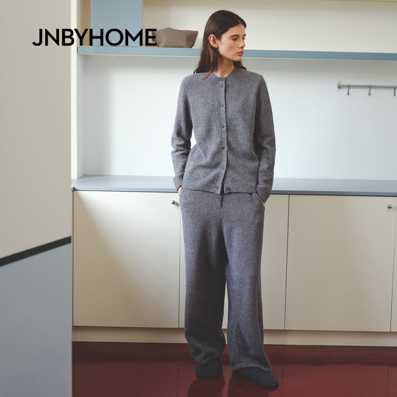 JNBYHOME江南布衣秋圆领针织衫半边绒外套家居服开衫上衣睡衣女
