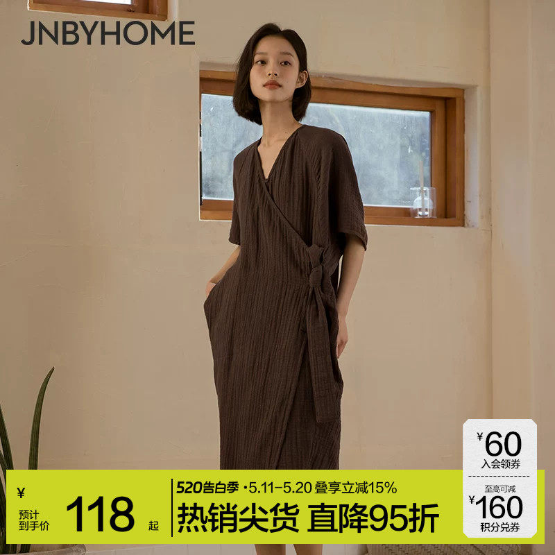JNBYHOME江南布衣纯棉睡衣女三件套新中式三层棉纱晨袍国风家