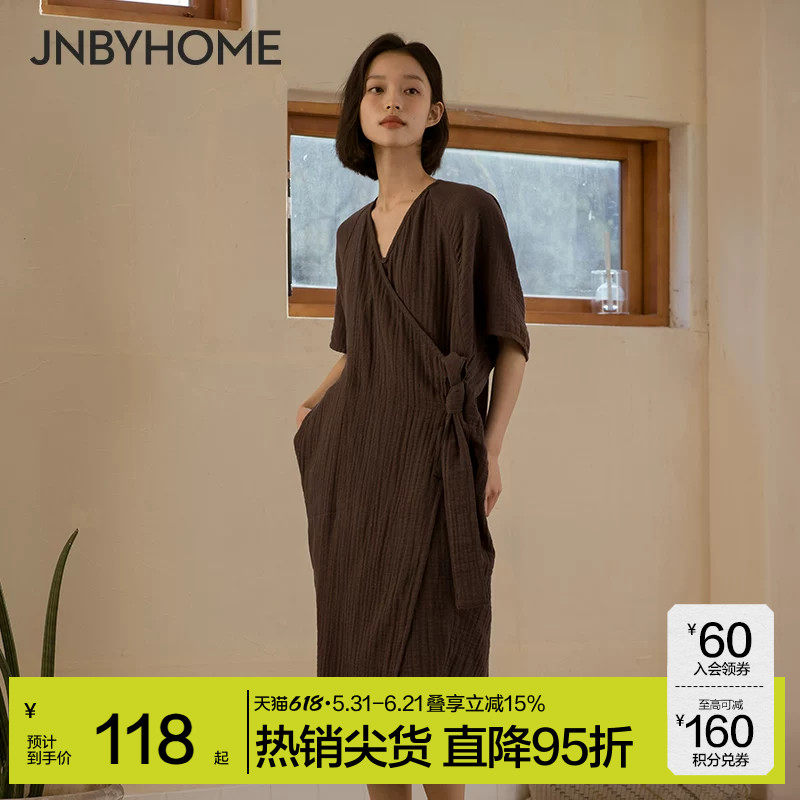 JNBYHOME江南布衣纯棉睡衣女三件套新中式三层棉纱晨袍国风家居服