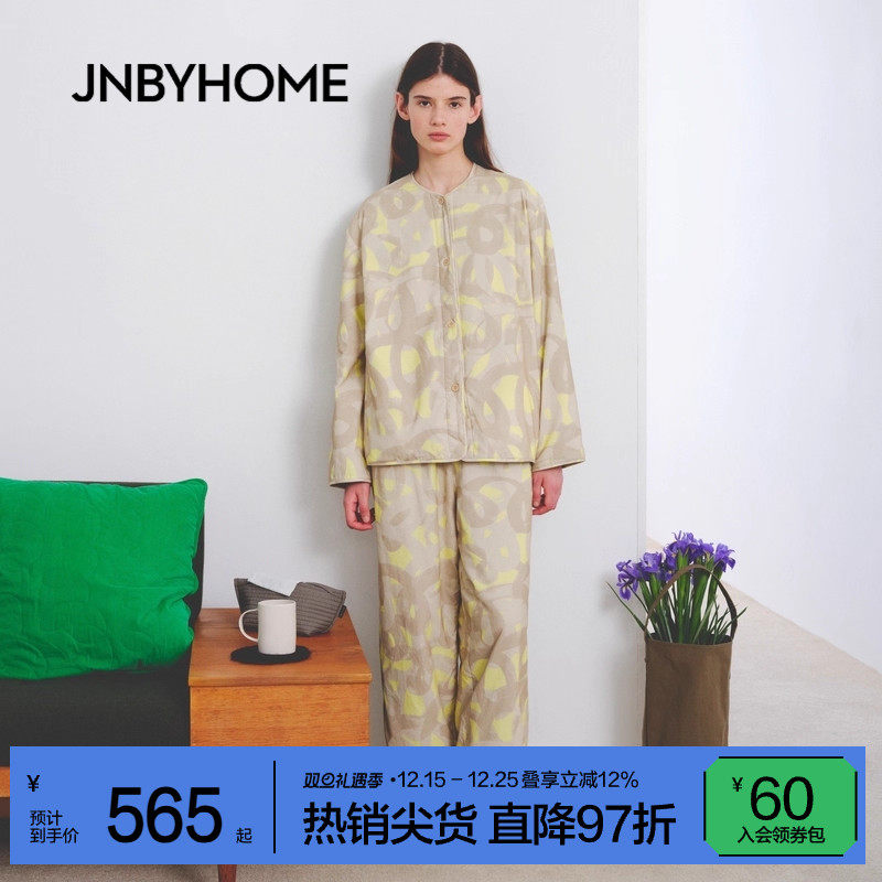 JNBYHOME江南布衣25新秋冬加绒V领印花睡衣家居服简约厚小