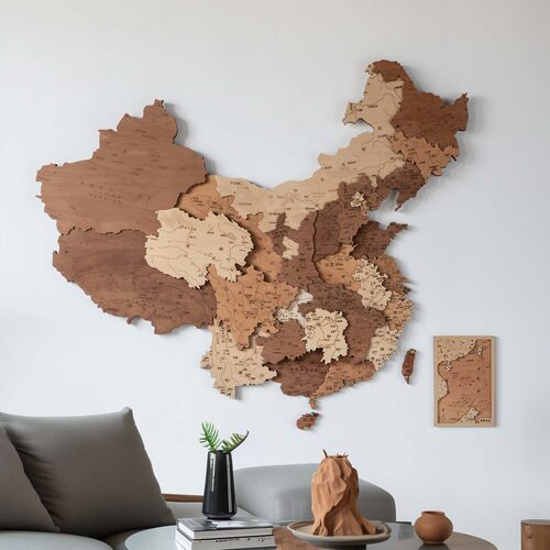 梯木叠雕实木中国地图装饰画挂画